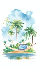 Obraz premium Online meeting, hammock with laptop, tropical island, Watercolor style