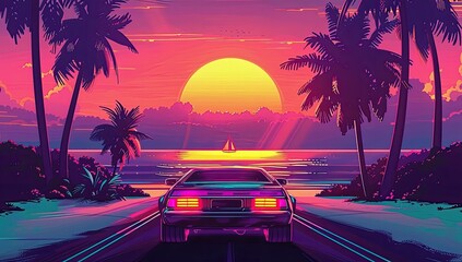 Retro Car Driving Towards Sunset