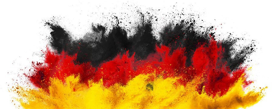 colorful german flag black red gold yellow color holi paint powder explosion isolated  white background. germany europe celebration soccer travel tourism concept..