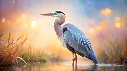 Naklejka premium Serene isolated heron stands majestically on a soft pastel background with delicate feathers and gentle gaze, exuding peaceful tranquility atmosphere.