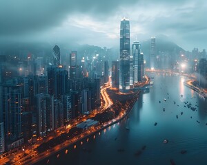 Fototapeta premium Futuristic Cityscape with Sleek Skyscrapers and Advanced Urban Infrastructure at Night