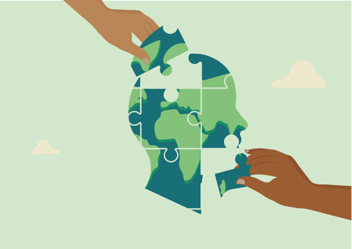 Two hands connecting puzzle pieces to form a world map within a human head silhouette, symbolizing global cooperation for a better future. Eco-friendly illustration. ESG illustration. Sustainable