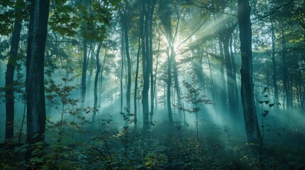 Naklejka premium The enchanting and mysterious atmosphere of the foggy forest in the early morning, a magical and peaceful background that highlights the beauty and peace of nature