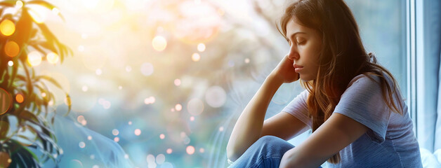 a cute woman sitting near a window and thinking in a cold say in winter and snow outside 