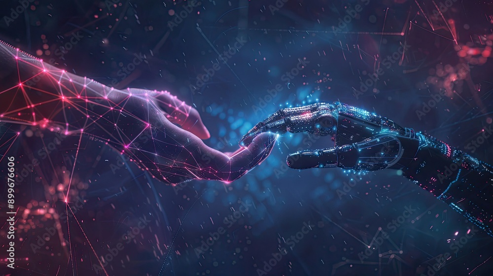 Poster hands of robot and human holding digital world, emphasizing global network and ai technology partner