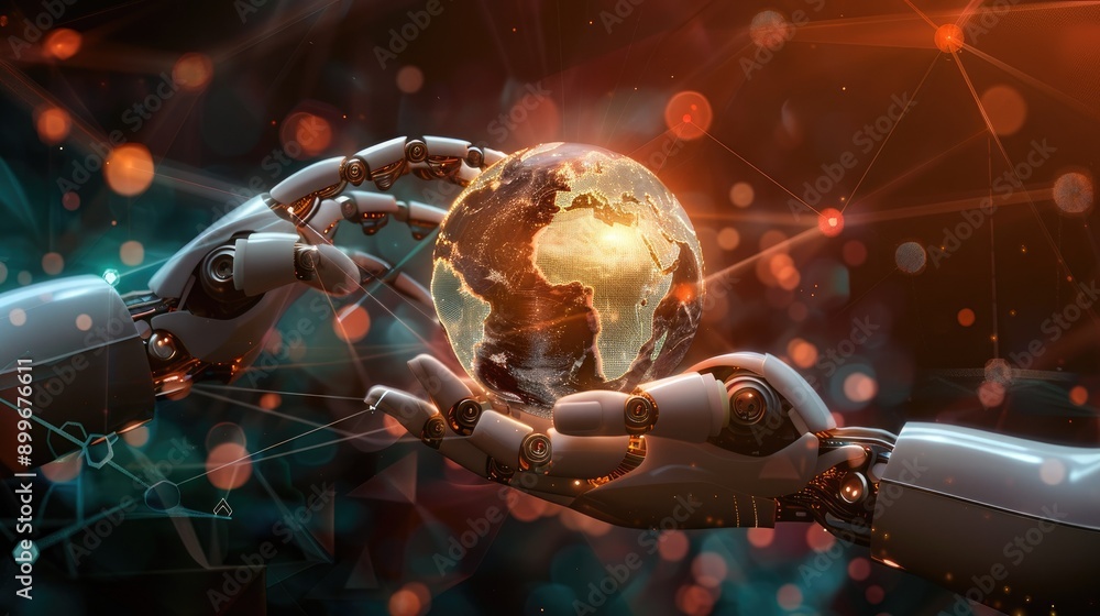 Poster human and robot hands holding a glowing globe, symbolizing big data and global network connection in