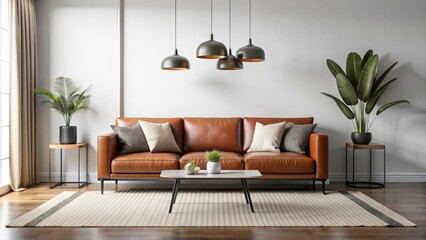 Stunning modern living room mockup featuring a sleek brown sofa, black decorative accents, and minimalist decor on a pristine white backdrop.