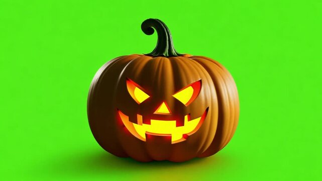 Scary carved spooky Halloween pumpkin 3d animation on green screen background. motion looping on green screen and alpha channel in the end section. 4k video 3D animation Happy Halloween design