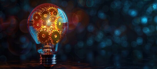 Illuminated Light Bulb with Intricate Gears Pattern Symbolizing Innovation and Creative Thinking in Industrial Design