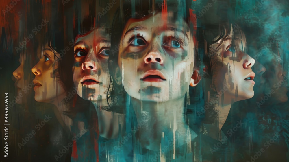 Poster An abstract art piece depicting multiple faces of a child, each with varied expressions, layered over each other in a dreamy, surreal composition. The mix of colors and textures adds depth and