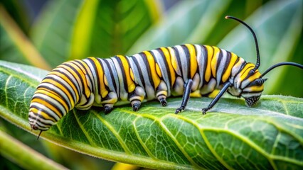 Naklejka premium Delicate monarch caterpillar with yellow, black, and white stripes feeds on green milkweed leaf, its tiny legs and antennae visible in sharp focus.