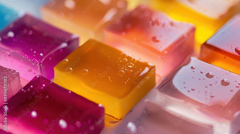 Poster close-up view of colorful gelatin cubes creating a vibrant and textured background