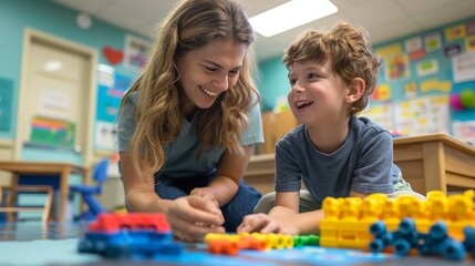 speech-language pathologist working with a child who has difficulty speaking and understanding language