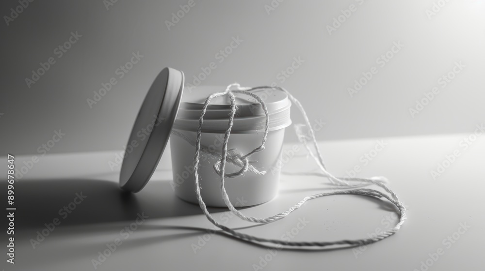 Poster white string is wound around an open plastic container, casting shadows on a pale surface