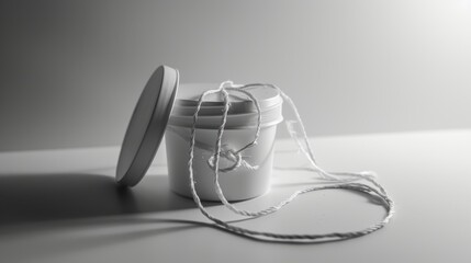 White string is wound around an open plastic container, casting shadows on a pale surface