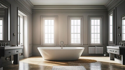 Fototapeta premium Brutalist interior design of a modern bathroom with concrete walls, gray bathtub and double vanity with mirror.
