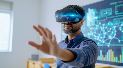 an educator in a futuristic classroom using augmented reality to teach students complex subjects, technology, education, innovation,