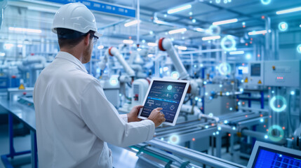 Fototapeta premium an engineer using a tablet to control and monitor a smart factory. The tablet screen displays a sophisticated control system interface with real-time data, performance metrics, and