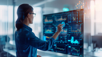 a business professional in a modern office interacting with a digital holographic interface displaying various financial charts and graphs, technology, innovation, data analysis,