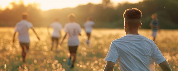 Group playing soccer on a grassy field, team spirit