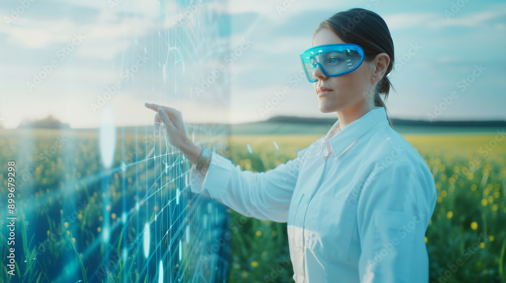 Poster an environmental scientist in the field analyzing ecological data on a virtual display, technology, 