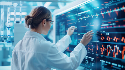 a bioengineer in a futuristic lab working with genetic data on a digital display, technology, biotechnology, innovation,