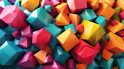 Vibrant 3D geometric wallpaper with colorful polygonal shapes and a lively feel