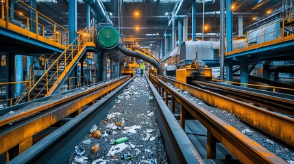 Obraz premium recycling facility with sorting machines, conveyor belts, and workers processing waste materials
