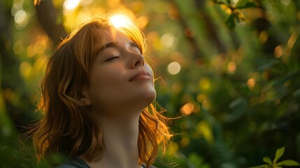 Fototapeta premium Woman Embracing Nature s Tranquility in Serene Forest Moment