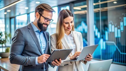 Business colleagues collaborating on project using tablets and laptops.