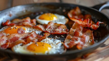 Fototapeta premium A close-up of a non-stick frying pan with eggs and bacon cooking, showcasing the food's crispy texture.