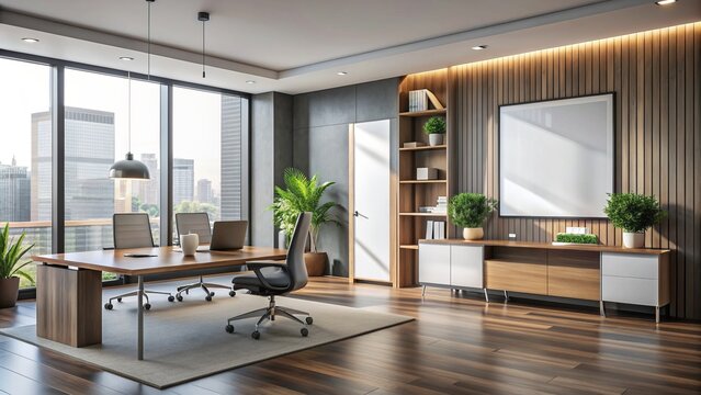 Modern corporate office interior with sleek furniture and empty frame mockup on wall for customization of billboard designs.