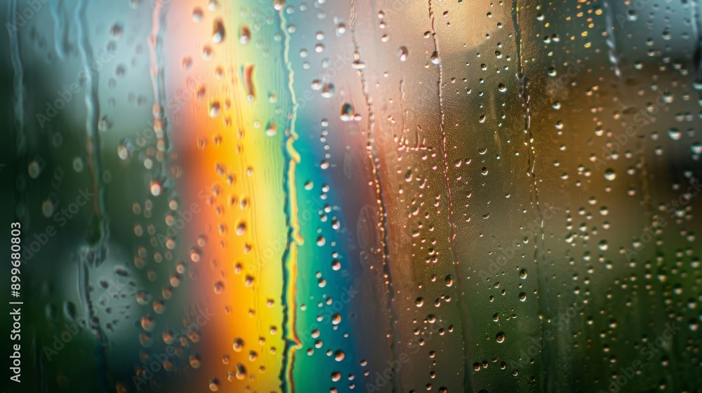 Poster a close-up of a rainbow through a rainy window, with raindrops and the colorful arc visible in the b