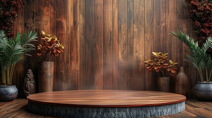 Podium with patterned wood on a quirky, unique background, ample copy space