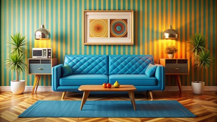 Vibrant retro living room interior with vintage blue sofa, radiogram, and abstract wall art, epitomizing the iconic 1970s colour palette.