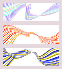 Wavy lines or ribbons. Set of 3 backgrounds. Multicolored striped gradient. Creative unusual background with abstract gradient wave lines to create a trendy banner, poster. vector eps