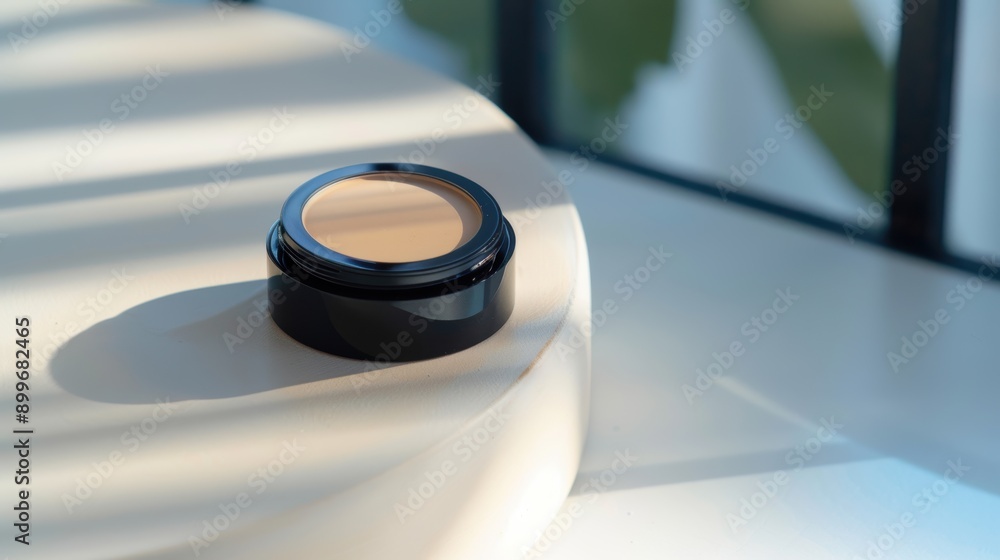Poster Open jar of foundation rests on a table, creating a dramatic shadow in the window light