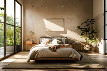 Soft sunlight fills the airy bedroom, highlighting the elegant décor and vibrant greenery that creates a peaceful sanctuary