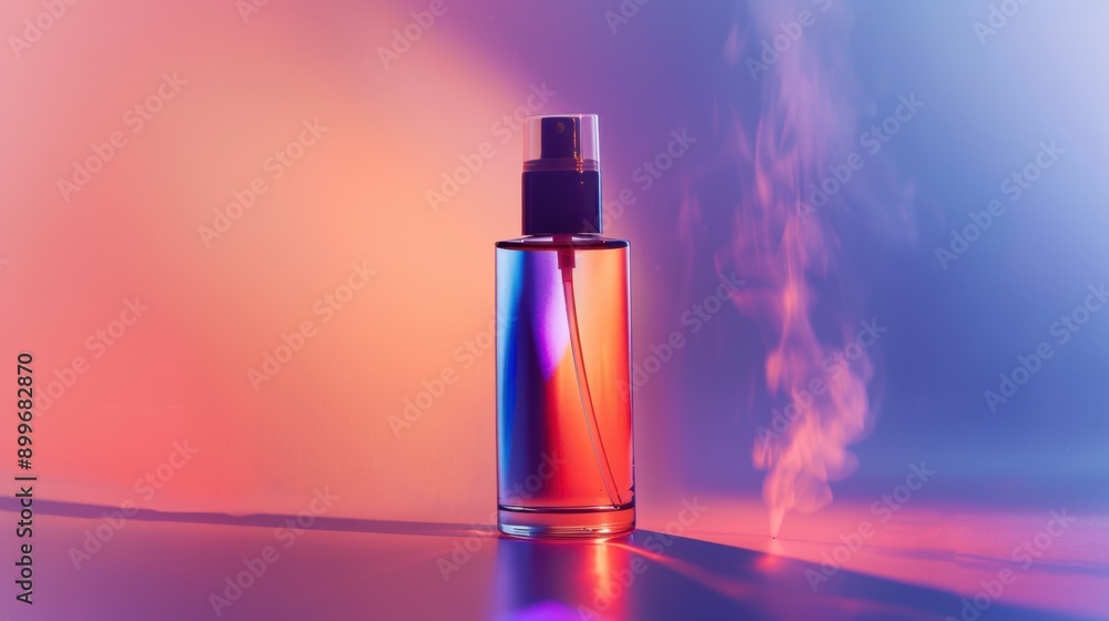 Poster perfume bottle emits a fragrant mist, illuminated by vibrant studio lighting, creating a captivating