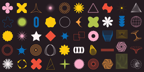 Set of vector trending elements in retro style. Shapes for design. Some elements have editable stroke for comfortable editing. You can change the thickness of the objects. Part7