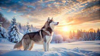 Naklejka premium Majestic purebreed husky stands alone in a serene winter wonderland, its melodious howl echoing through the vast snow-covered landscape.