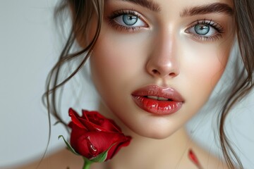 Close-up of a woman's lips and a peach rose, highlighting her soft makeup.