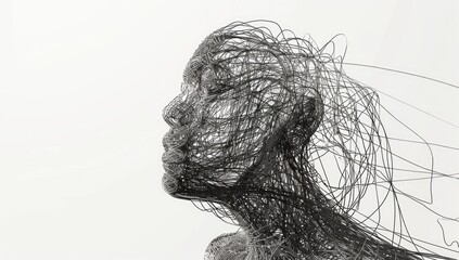 Intricate Wire Sculpture of Human Head