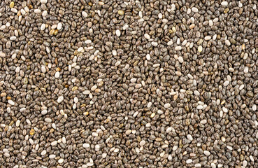 Numerous dried or dehydrated chia seeds spread evenly