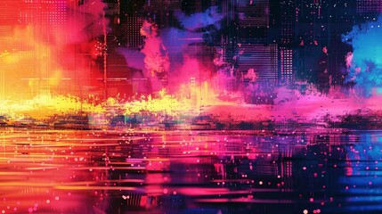 Abstract digital glitch background with pixelated patterns and vibrant colors
