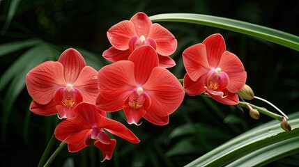 Bright red orchids showcase their beauty in a vibrant tropical garden filled with lush greenery under the warm midday sun © lililia