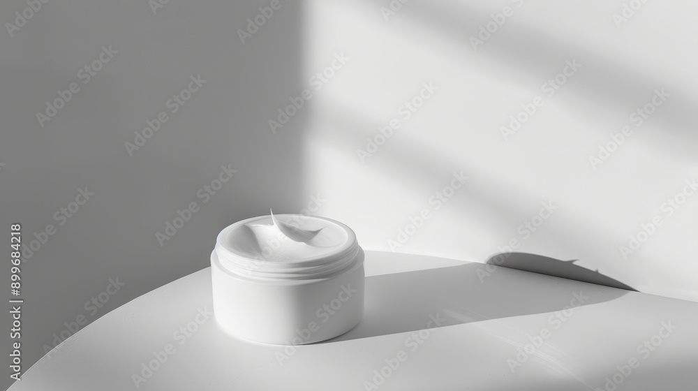 Poster sunlight shining through window casting shadow on white cream jar on white table