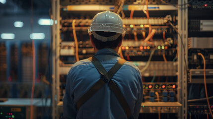 Fototapeta premium stressed-network-engineer-configuring-network-equipment-from-behind-with-safety-helmet-and-work-uniform-captured-with-Canon-EOS-R6-50mm-lens-golden-ratio-composition