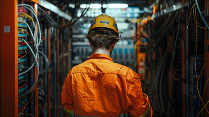 Obraz premium stressed-network-engineer-configuring-network-equipment-from-behind-with-safety-helmet-and-work-uniform-captured-with-Canon-EOS-R6-50mm-lens-golden-ratio-composition