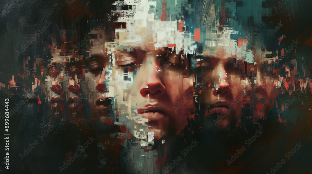 Poster an abstract digital portrait of a serene female face with glitch effects, transitioning from clarity